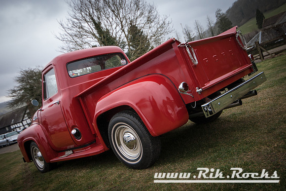 Red 1953 Ford F100 V8 Pickup Truck at Shelsley Walsh Hill Climb Breakfast Meet March 2015