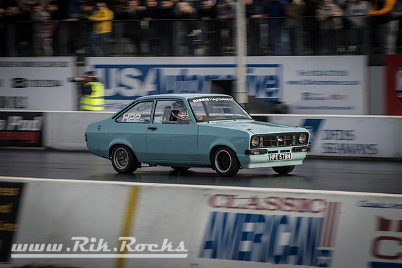 A Blue HPE Ford Escort Mk2 at Santa Pod RWYB