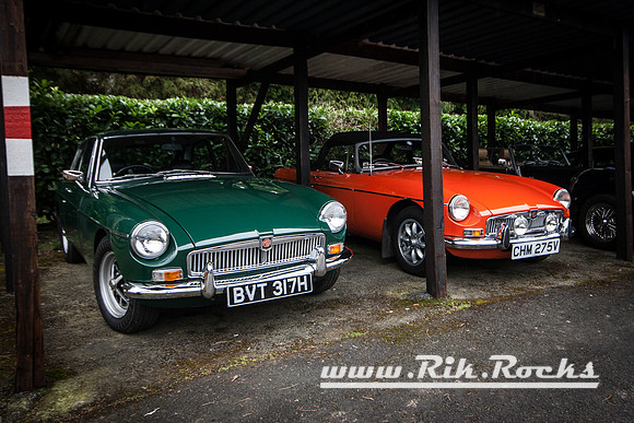 A Pair of MGB's (Green MGB GT and Red MGB Roadster) at Shelsley Walsh Hill Climb Breakfast Meet March 2015 BVT317H CHM275V