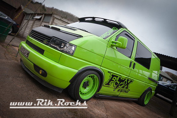 Slammed Lime Green VW Transporter T4 at Shelsley Walsh Hill Climb Breakfast Meet March 2015 T174POC
